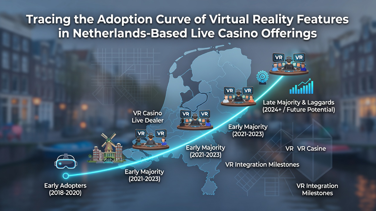 Illustratie van een virtuele live casino tafel met Nederlandse spelers die VR-headsets gebruiken